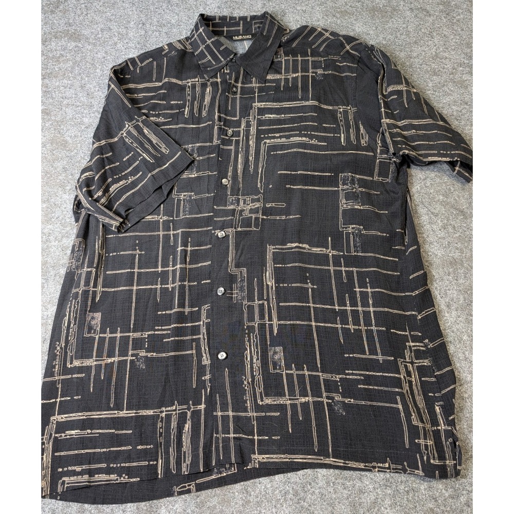 Murano‎ Shirt Men's L Button Up Black/Tan Short Sleeve 100% Rayon